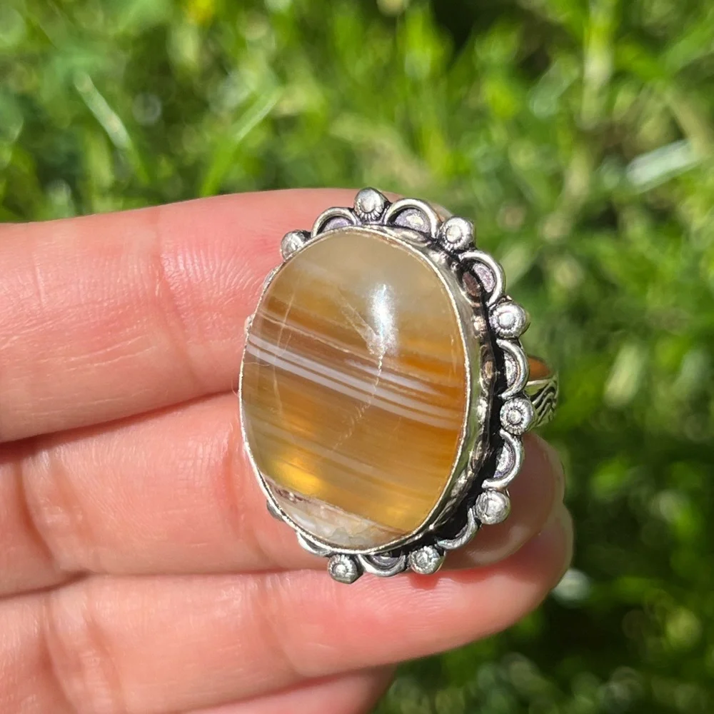 Size 7.5‎ 925 silver plated yellow banded agate ring